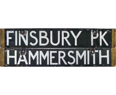 London Underground Standard Tube Stock enamel CAB DESTINATION PLATE for Finsbury Pk / Hammersmith on the Piccadilly Line. A d