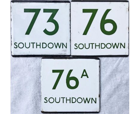 Trio of London Transport bus stop enamel E-PLATES for Southdown services, comprising routes 73, 76 and 76A. All have the gree