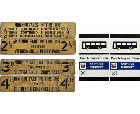 Southend bus items (3) comprising a pair of double-side alloy MINIMUM FARE SLIPBOARDS, probably 1950s vintage, Westcliff Moto