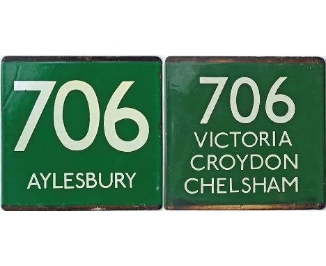 Pair of London Transport coach stop enamel E-PLATES for Green Line route 706, one for each direction of travel. The first is 