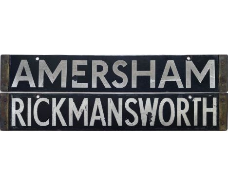 London Underground CO/CP Stock enamel CAB DESTINATION PLATE for Amersham/Rickmansworth on the Metropolitan Line. Double-sided