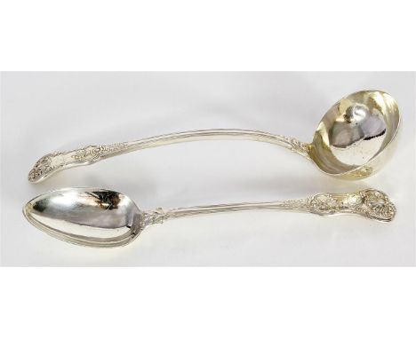 A William IV hallmarked silver sauce ladle 
Of large proportions, together with a matching basting spoon, each decorated in T