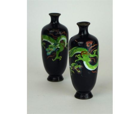 A pair of Japanese ginbari cloisonné enamel vases, Taisho/Showa Period, in the manner of Ogasawara Shinzo
Each of slender ovo