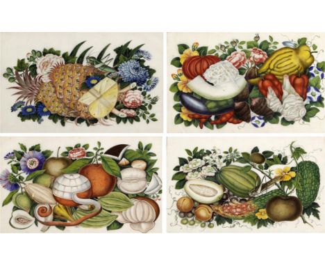 A set of four Chinese export school botanical and fruit rice paper drawings, Mid 19thCentury 
The fine and intricate drawings