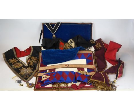 A collection of Masonic regalia, early to mid 20th Century
Comprising a fine quality black and silver embroidered collar, the