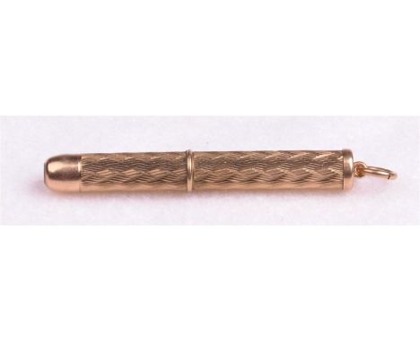 A 9ct gold retractable tooth pick
With engine turned decoration, approx 5cm, 6.8gms.
