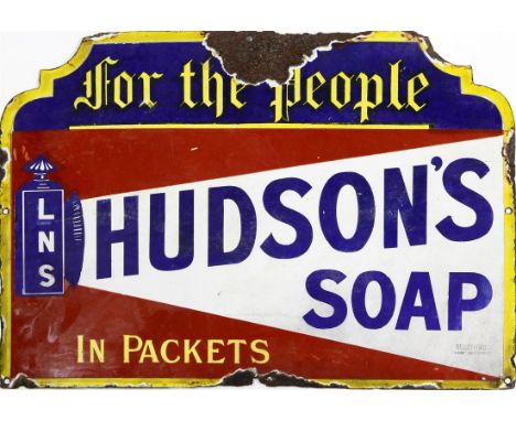An early 20th Century Hudsons Soap enamel wall mounted sign, circa 1920s
Damaged in places, width approx. 49cm.