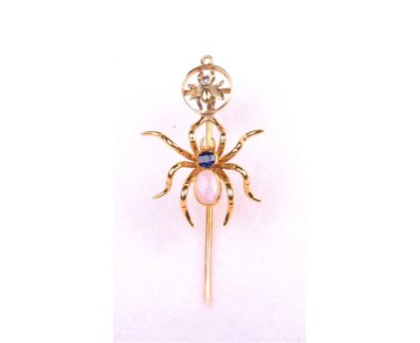 An early 20th Century sapphire and opal set stick pin
The spider with oval cabochon opal and round cut sapphire body to stone