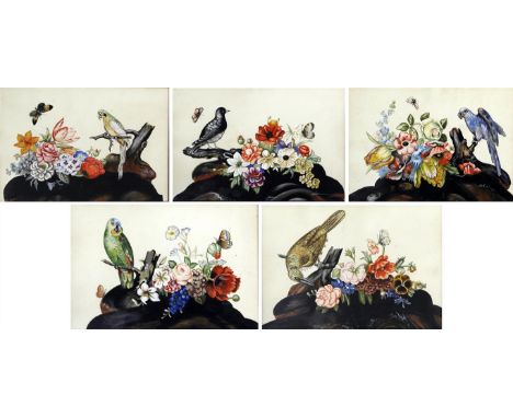 A set of five Chinese export school botanical bird study drawings, 20th Century
Each of the five matching paintings, depictin