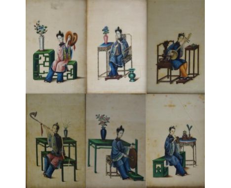 A collection of Chinese export school 'Lady Musician' rice paper drawings, Circa 1900
Comprising six matched examples, depict