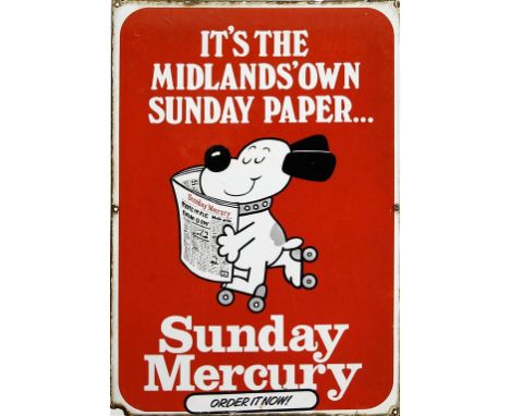 A vintage enamel wall mounted advertising sign for the Sunday Mercury, circa 1960's
Inscribed 'Its the Midlands own Sunday pa