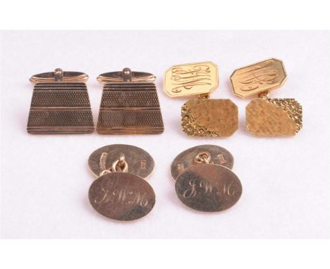 Three pairs of gold cufflinks
To include a pair of 18ct gold canted rectangular chain link cufflinks, with engraved initials,