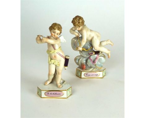 A pair of 19th Century Meissen Putti figures  
Modelled amidst clouds, the first entitled 'Coup Sur Coup', the second 'Je les