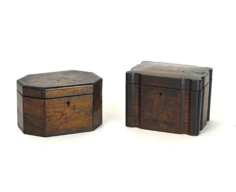 Two 19th Century Jerusalem olive wood tea caddies
The first being of shaped rectangular outline, inscribed to hinged lid, wid