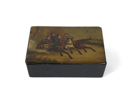 A Russian fedoskino papier-mache table snuff box
The hinged lid painted with a scene of a troika within winter landscape, ins