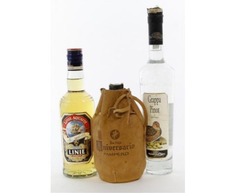 3 x bottles Grappa (50cl), Aquavit (50cl.) and Rare Rum (75cl) 
Comprising
1 50cl bottle Grappa Pinot di Solovitigno Franciac