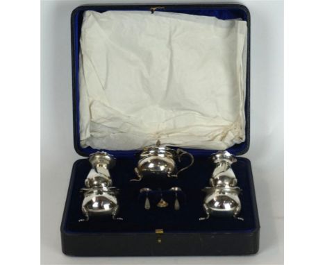 A George V hallmarked silver eight piece cruet set
Fitted in case, made by Barker Brothers, Chester 1922.