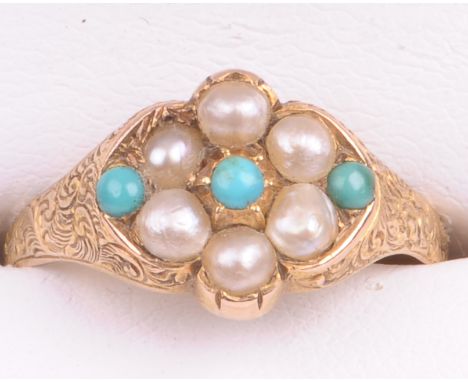 A late 19th Century split pearl and turquoise set ring
The head set with three round cabochon turquoise and a cluster of six 