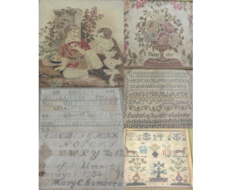 A collection of 19th Century samplers and tapestry panels
To include small Georgian panel depicting figures in traditional co