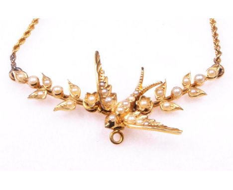 A split pearl set pendant necklace, early 20th Century
The pendant centrally set with a swallow to foliate split pearl set de