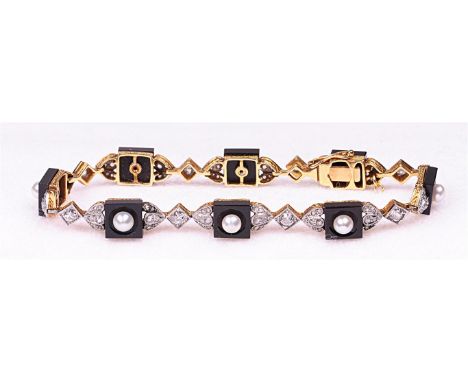 An onyx, pearl and diamond set plaque bracelet, circa 1925
Comprising 8 square jet plaques, each set with a small pearl, to d