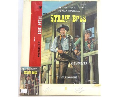 A 1956 original book front cover illustration 'Straw Boss'
Gouache of a group of men exiting a bunk house preparing for a sho