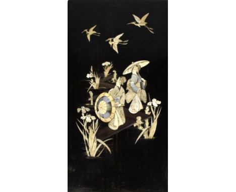A Japanese inlaid ivory and mother of pearl shibayama panel, late Meiji/Taisho Period
Of rectangular form, inlaid with depict