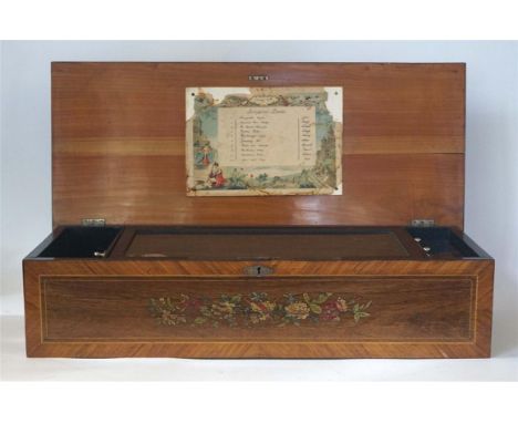 A fine quality and large 19th Century Swiss cylinder music box
The 15" cylinder playing ten airs, and stamped '13 10243', the