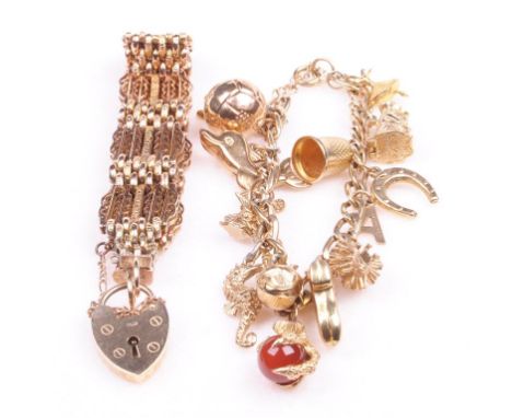 Two 9ct gold bracelets
To include a 9ct gold flat curb link bracelet variously set with fifteen charms to include a ballerina