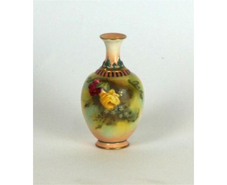 A Royal Worcester hand painted vase
Of bulbous form, depicting roses, green printed factory marks, date code 1907 to base, si