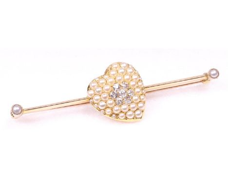 A split pearl and diamond set bar brooch, early 20th Century
The central heart pave set with split pearls with a central clus
