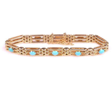 A turquoise set gate bracelet
The traditional style gate bracelet having ten collet set oval cabochon turquoise, to push clas
