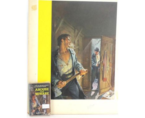 A 1958 original book front cover illustration 'Arouse and Beware'
Gouache of man holding an axe about to attack a man walking