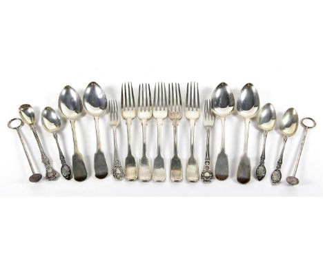 A collection of George IV and later hallmarked silver flatware
To include desert spoons, teaspoon, table fork, and two stirer