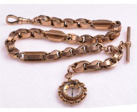 A stamped 9ct Albert chain with 9ct gold compass fob
The fancy interlocking bar and oval linked Albert with lobster clasp, sw
