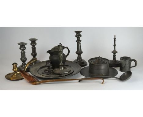 An interesting collection of 18th/19th Century domestic metalware
To include a Victorian pot bellied jug, a Victorian pourer 