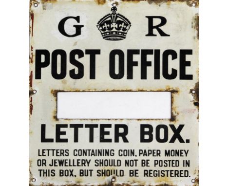 A George V enamel Post Office letter box sign
Detailed in black lettering to the white ground 'Letters containing coin, paper