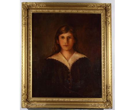 A 19th Century oil, portrait of a young lady in a brown dress, 23" x 19"