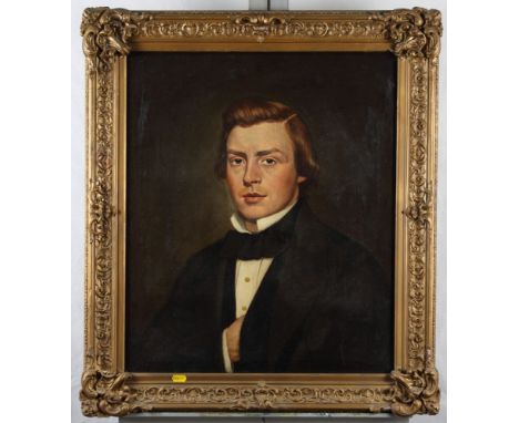 A Victorian oil painting, portrait of a gentleman in a black coat, 23" x 19", in gilt gesso frame