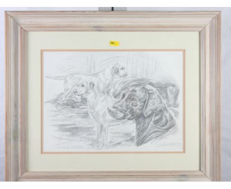 R Chambers: a black crayon sketch, three labradors, "The Duck Shooters", 10" x 14", signed and dated (19)77, in limed wood fr