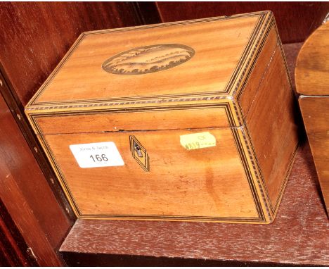 An 18th Century satinwood two-compartment tea caddy, lid inlaid marquetry shell, 6" wide