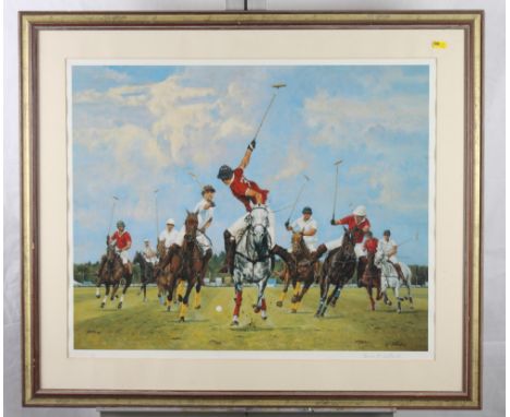 Lucien Peytong: a limited edition coloured print of two polo players, 23" x 18", in gilt frame, and two other framed coloured