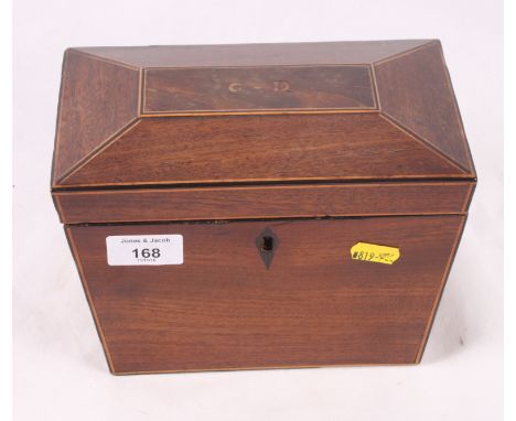A 19th Century sarcophagus-shaped tea caddy decorated box and ebony edges, 8" wide
