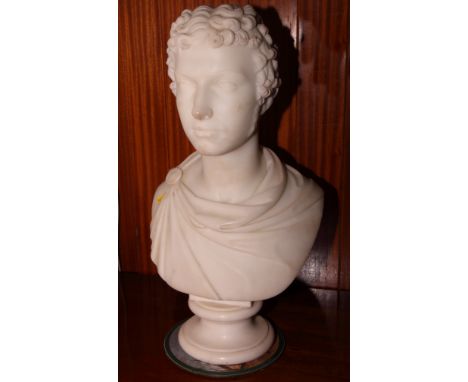 Angelo Bienaime: an early 19th Century white marble portrait of a curly haired man wearing a toga, turned marble socle, 24" h