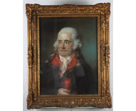 John Russell RA: pastels, a late 18th Century portrait of a gentleman with powdered hair and fur collar, 23" x 17 1/4", in gi