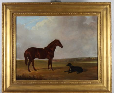 J Dolby: an oil painting, portrait of a stallion and a black dog in a landscape, 17" x 22", signed and dated 1886, in gilt fr