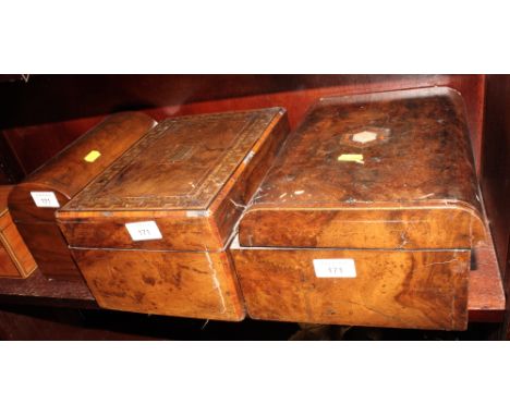 A Victorian plain dome top two-compartment tea caddy and two Victorian workboxes (for restoration)