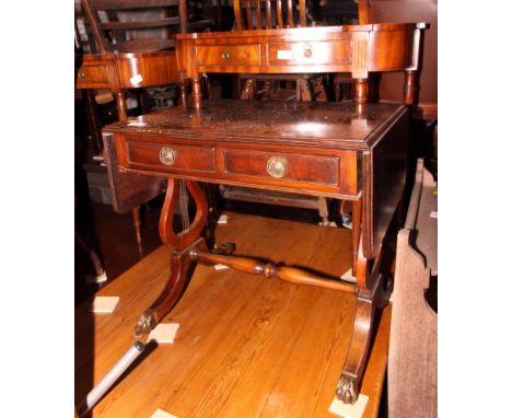 A pair of Georgian design crossbanded mahogany hall tables, each fitted one drawer, 32" wide, and a Georgian design sofa tabl