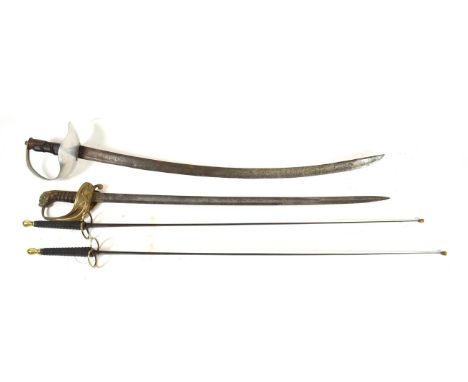 A Victorian 1827 Pattern Naval Sword, the 77cm single edge fullered steel blade bearing traces of etching, the brass hilt wit