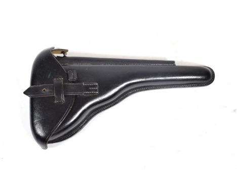 A First World War Style Leather Holster for a Long Barrelled Luger, finished in black, with a cleaning rod and a take-down to